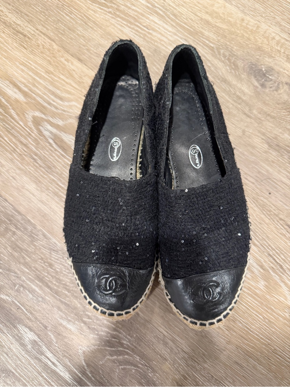 CHANEL Black Tweed Sequin Espadrille Flats with Leather Cap Toe